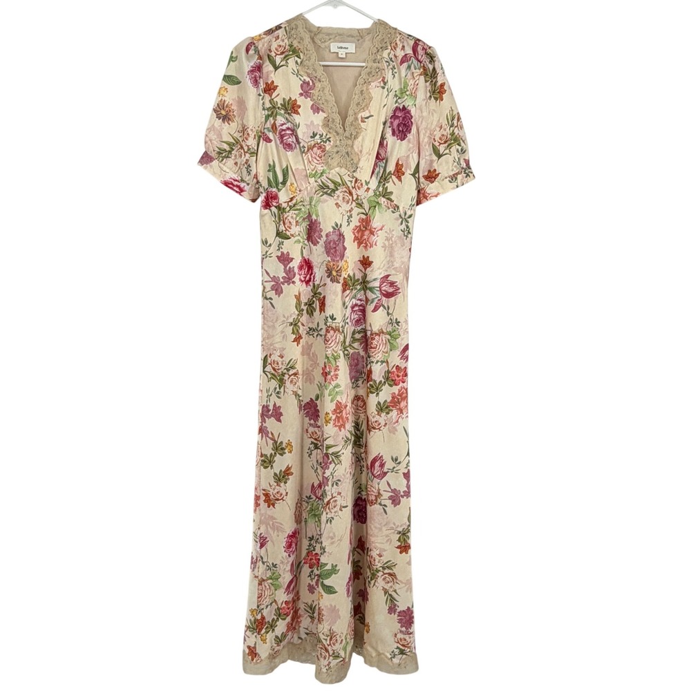 bohme Floral Lace Trim Satin Babydoll Slip Maxi Dress Cream Pink M Romantic